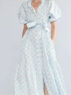 Cynthia Rowley Pale Blue Patterned Puff-Sleeve Maxi Dress